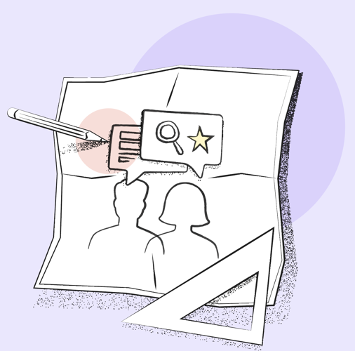 Illustration of a white piece of paper with the outline of two people, against a light purple background