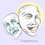 Comedy and tragedy theatre masks against a light purple background 