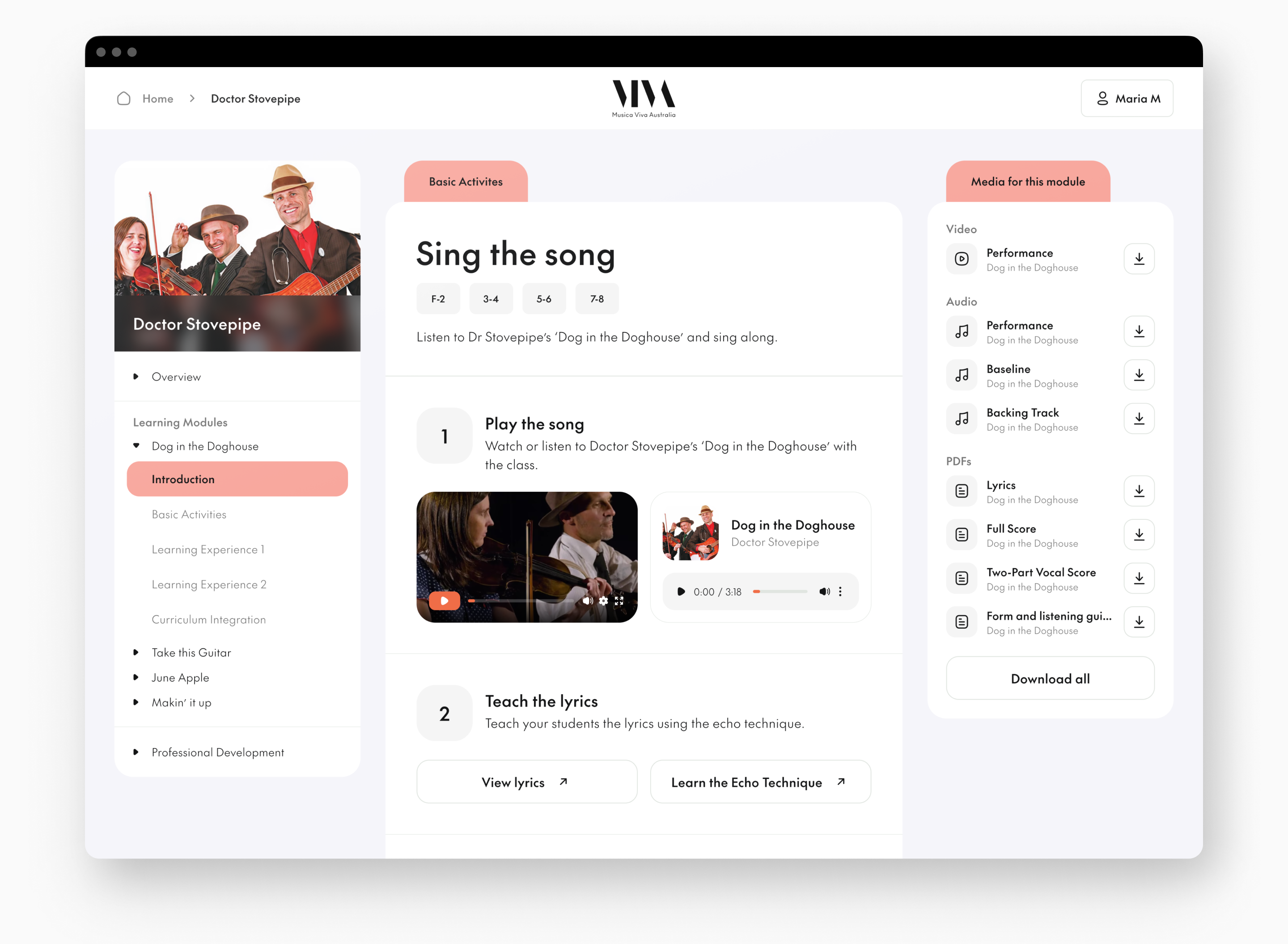 Musica Viva education resource platform dashboard